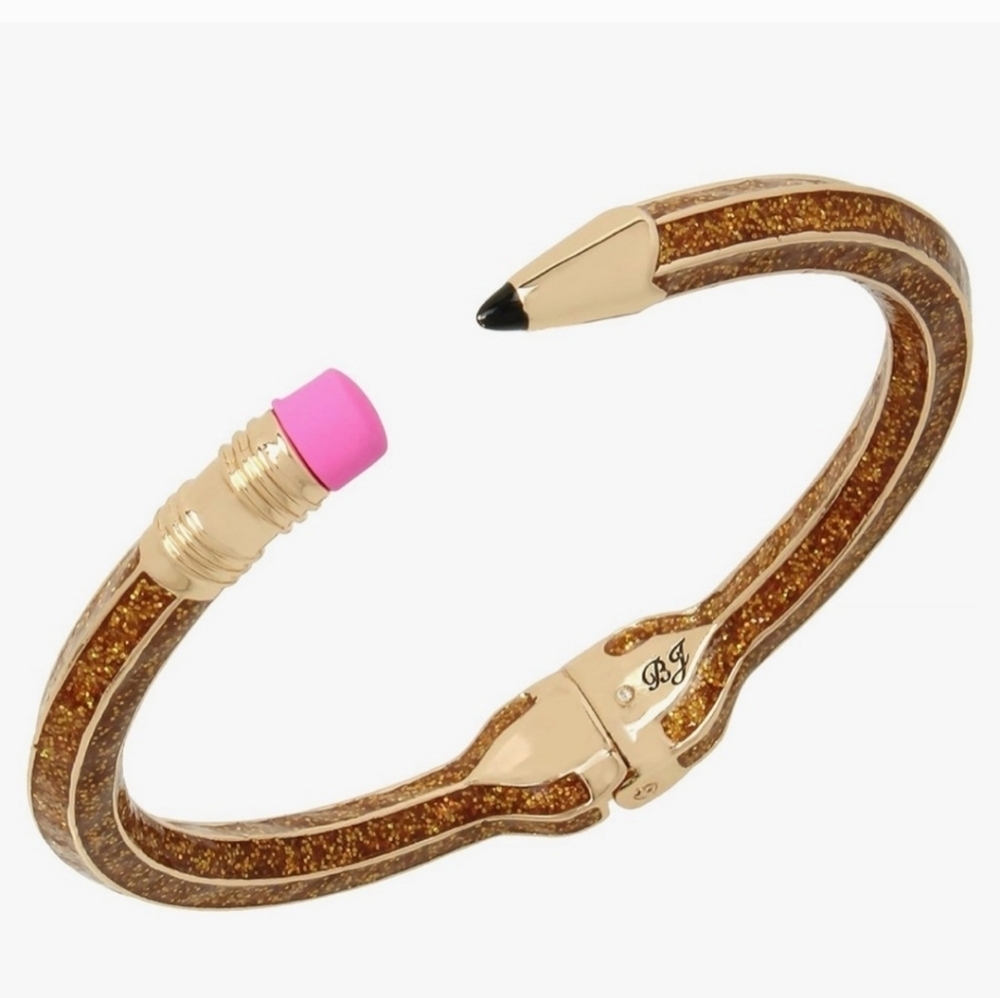 💛 🔹️Betsey Johnson Gold Glitter Pencil Pink Eraser Bracelet Cuff ✨️💛 NEW!! - Picture 3 of 5